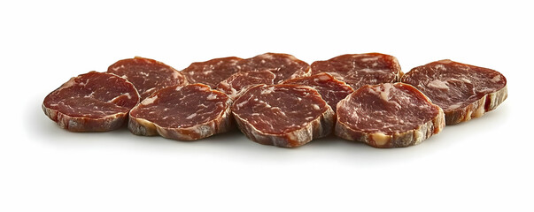 Sliced cured sausage, food, white background