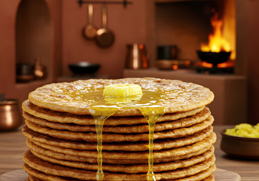 Aromatic Stack of Ghee-Drizzled Parathas: Warm Kitchen Setting
