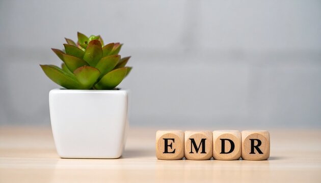 心理療法を意味する英単語のEMDRの文字が書かれた木製のキューブブロックと観葉植物。aiで生成