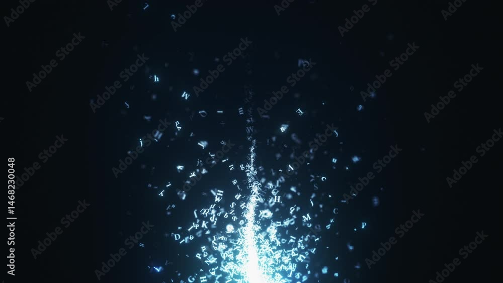 Fototapete abstract flying letters. appearing and disappearing letters with depth of field on a dark background