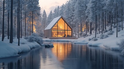 Winter cabin nestled beside a frozen lake.