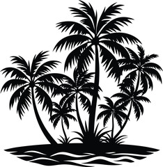 Island Silhouette: A tropical paradise is rendered in stark silhouette, with towering palm trees and lush foliage forming a striking, graphic representation of a tranquil island scene. 