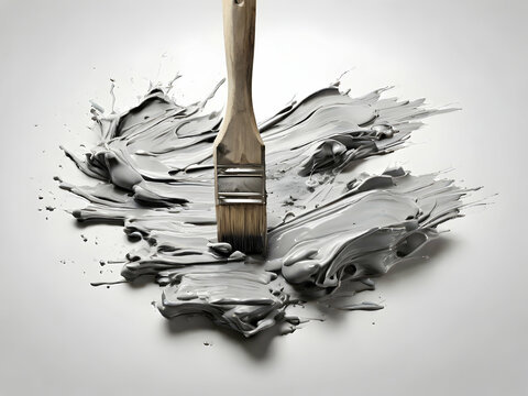 Paintbrushes are painting grey black stripes splashes and smears of paint, creating a vibrant contrast and showcasing a creative painting process