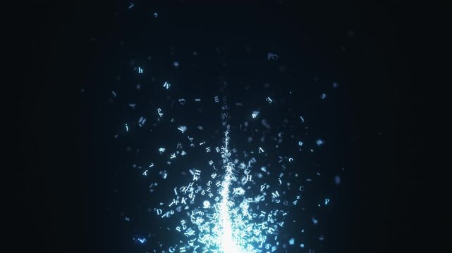 Abstract flying letters. Appearing and disappearing letters with depth of field on a dark background. Seamless loop.