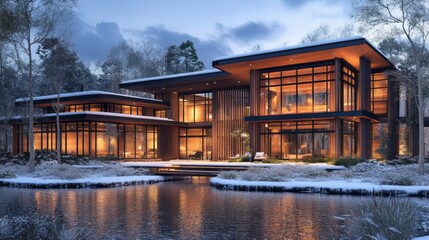 Obraz premium Modern home situated by a winter pond in a tranquil setting.