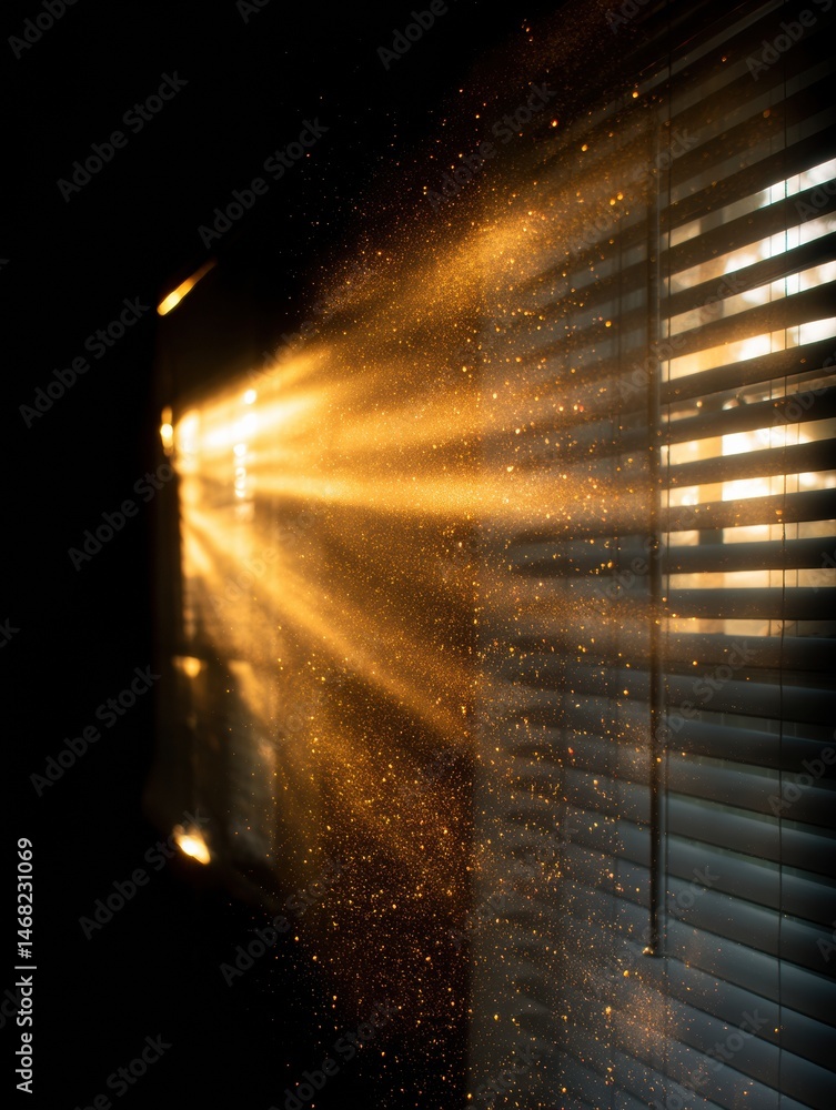 Poster sunlight illuminates dust particles filtering through blinds in a serene interior environment during