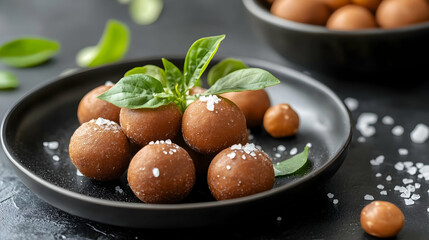 Artisan potato dumplings adorned with coarse salt and fresh basil sprigs