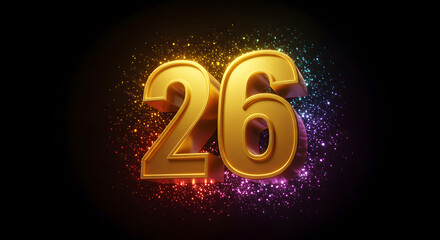 Number 26 Gold 3D render with glowing particles effect for anniversaries, birthdays, achievements, or celebrations