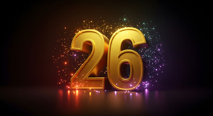 Number 26 glowing gold 3D render, festive illustration suitable for anniversary celebrations, birthday greetings, special event promotions, or milestone visuals.