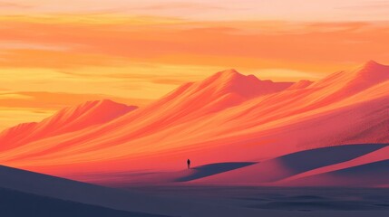 Person walks alone in the desert at sunset, with vibrant orange and purple skies illuminating the landscape