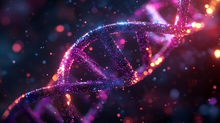 Glowing DNA Strand with Bokeh Effect, A glowing DNA strand with vibrant blue and orange colors, surrounded by a bokeh effect