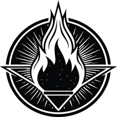 Flame Symbol: A bold emblem featuring a stylized flame, radiating light, enclosed within a geometric design, signifying energy, passion, and enlightenment.