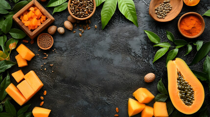 Papaya arrangement with seeds, nuts, and leaves on a dark textured surface