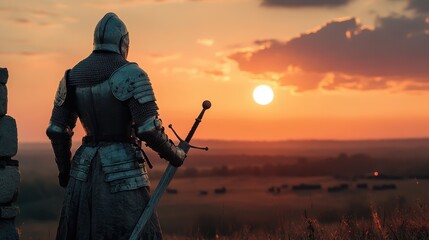 Knight in armor gazes at sunset over rolling fields while holding a sword, capturing a moment of reflection and solitude