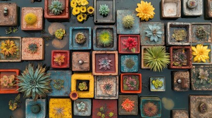 The containers are arranged in a mosaic pattern