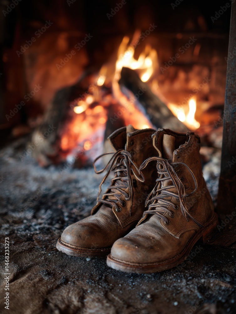 Poster boots resting by a cozy fireplace with glowing embers in a rustic indoor setting showcasing warmth a