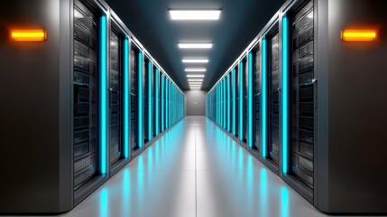 Fototapeta premium Inside a hightech data center, sleek server cabinets line the aisles, enhanced by cool blue lighting and efficient cooling systems.