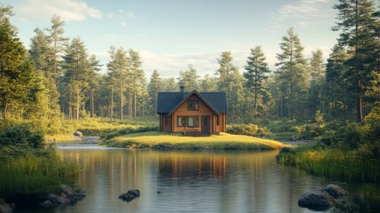 Fototapeta premium Serene wooden cabin nestled on an island in a tranquil lake.