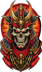 Samurai Skull:  A fiery and ominous illustration of a samurai skull, adorned in traditional armor and a fiery background.