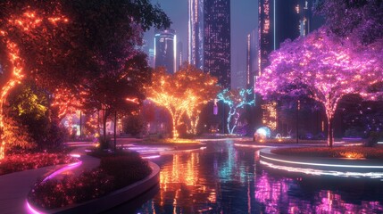 Obraz premium Colorful illuminated trees reflect on water in a modern city park at night surrounded by skyscrapers