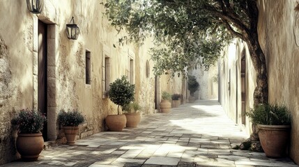 Sunlit alleyway, ancient stone buildings, Mediterranean atmosphere, suitable for travel brochure