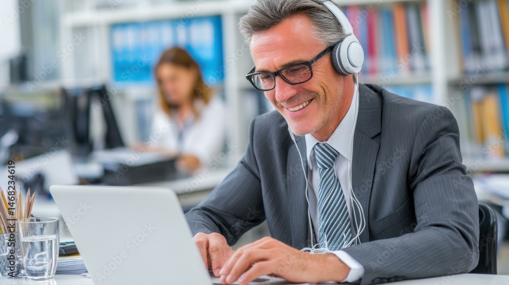 Poster a businessman engages with an online chatbot for instant support, enhancing customer service efficie