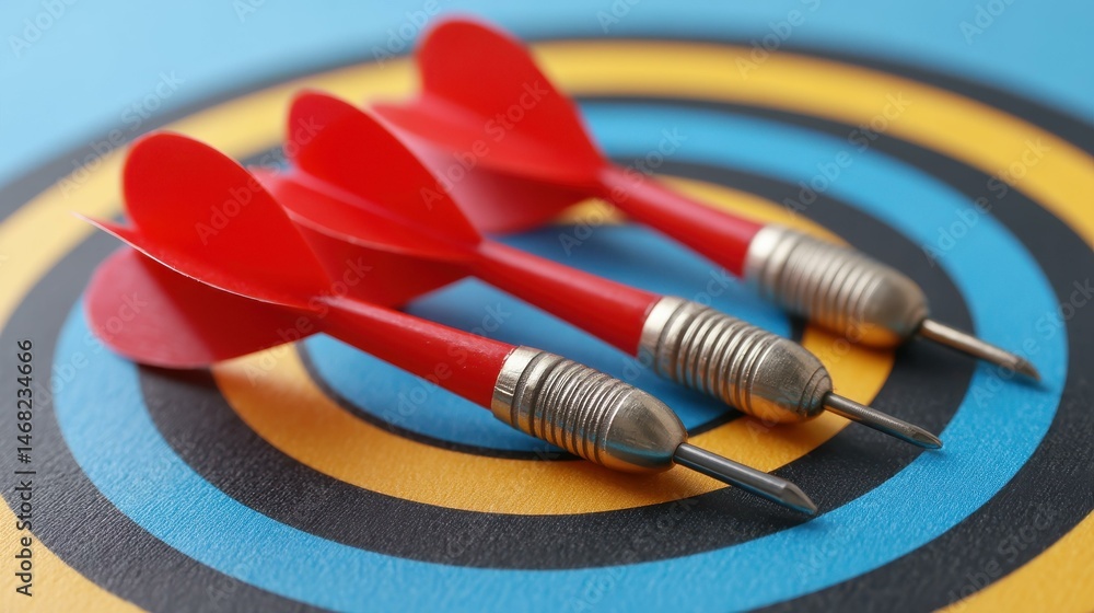 Poster vibrant blue backdrop with darts perfectly stuck on various graphs, symbolizing data analysis and pr
