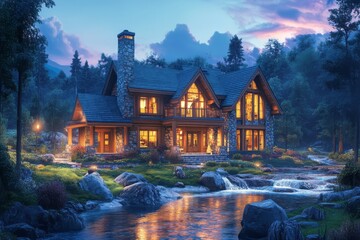 Fototapeta premium Rustic mountain home bathed in twilight glow.