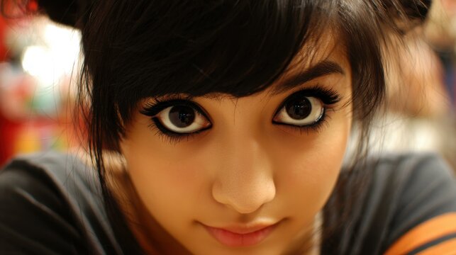 This cute black beauty flaunts large brown eyes and bold eyeliner, striking a playful, flirty pose that captivates.
