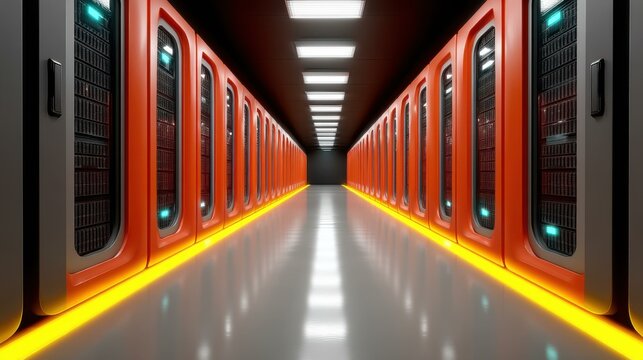 Explore a sleek, futuristic server room with rows of glowing servers and vibrant LED lights for a captivating tech vibe.