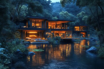 Obraz premium Modern home nestled within a tranquil forest retreat.