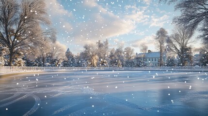 A snow covered lake with a house in the background