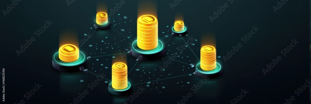 Aufkleber isometric cryptocurrency hub displays glowing coin symbols in a digital network environment generati