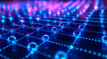 Fototapeta premium Close-up of a molecular structure with blue spheres and connecting lines. [Cyber Serenades] | Nano Nocturne | microscopic tune. Illustration