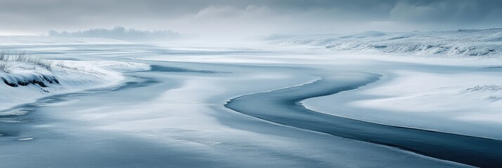 A river is frozen over and has a white stripe on it