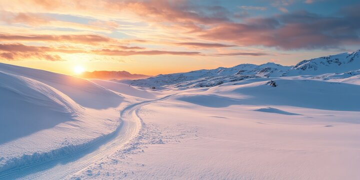 A snow covered mountain range with a sun setting in the background - Powered by Adobe