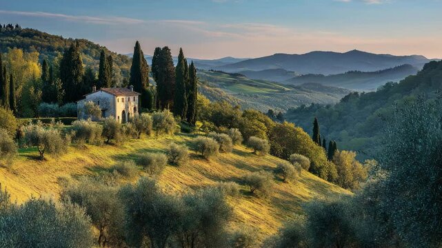 Tuscan landscape at sunrise, showcasing a stone villa nestled amongst olive groves on a hillside overlooking rolling hills and mountains in the distance. Warm, golden light bathes the scene.