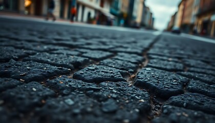 close up of a cobblestone street with buildings in the background
