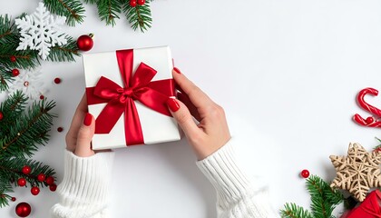 Christmas Gift Opening Festive Hands, Red Bow, White Sweater