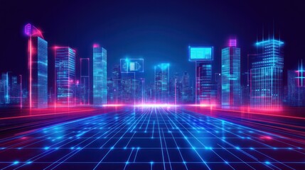 Futuristic city skyline with glowing digital network