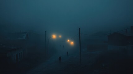 Two figures walking down a foggy street illuminated by streetlights at night
