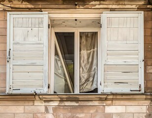 Distressed White Wooden Window Shutters Old Building Facade