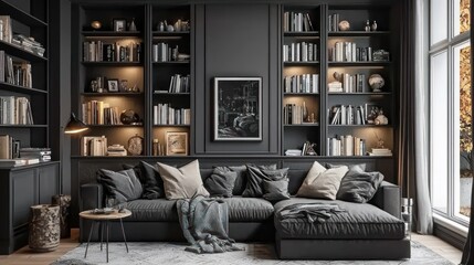 Dark, sophisticated home library with plush seating