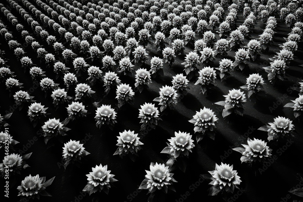 Aufkleber a field of black and white sunflowers arranged in neat rows, creating a visually stunning pattern.