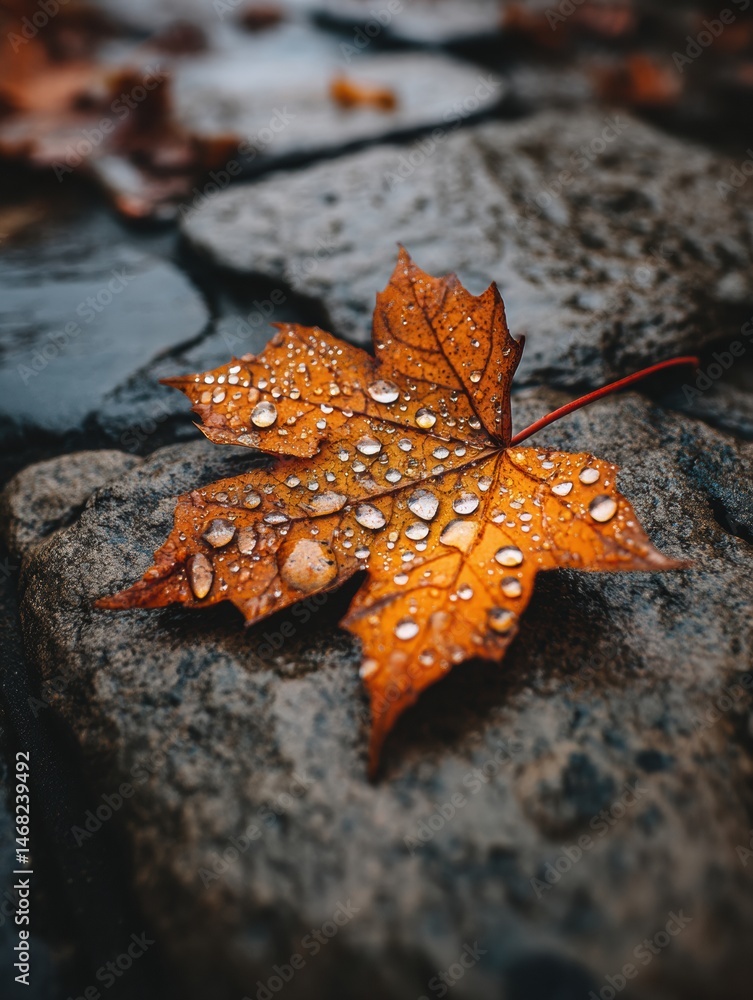 Poster close-up of an orange maple leaf adorned with raindrops resting on a stone surface in a tranquil set