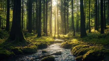 Sunlight filters through trees in a serene forest with a gently flowing stream during early morning hours