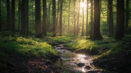 Obraz premium Sunlight filters through trees in a serene forest with a gently flowing stream during early morning hours