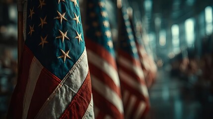 USA flags in a solemn indoor setting. Memorial Day American flag Parade Poppy