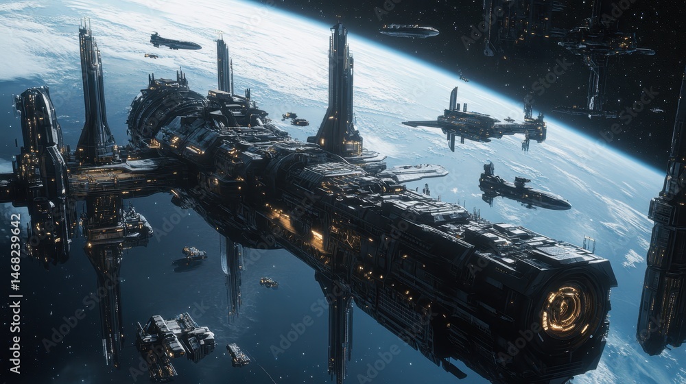 Poster spaceship fleet navigating through an asteroid belt near a distant planet in a vibrant cosmic settin