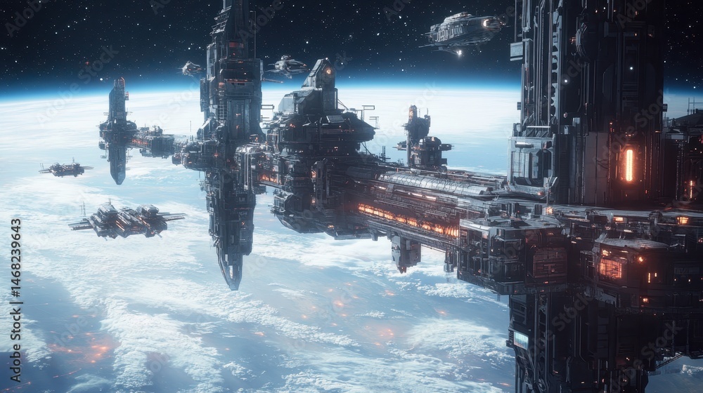 Poster spaceship fleet navigating through an asteroid belt near a distant planet in a vibrant cosmic settin
